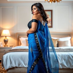 A full body image of a 25-year-old plus-sized Telugu anchor standing in a beautifully decorated bedroom, viewed from the side