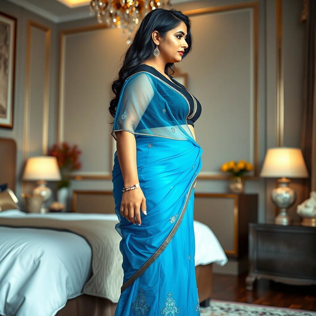 A full body image of a 25-year-old plus-sized Telugu anchor standing in a beautifully decorated bedroom, viewed from the side