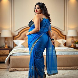 A full body image of a 25-year-old plus-sized Telugu anchor standing in a beautifully decorated bedroom, viewed from the side