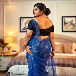 A full body image of a 25-year-old plus-sized Telugu anchor standing in a beautifully decorated bedroom, viewed from the side
