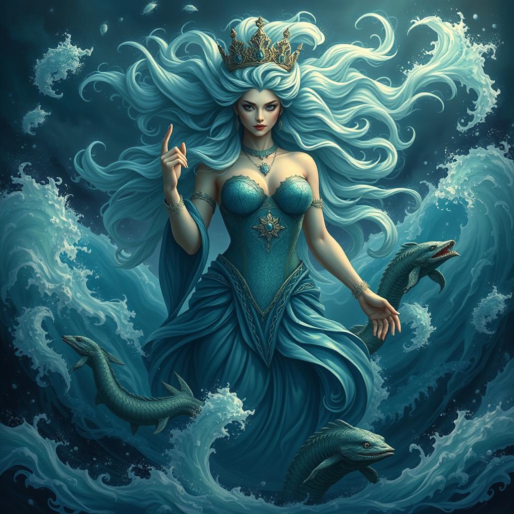 A majestic goddess of the ocean, exuding an aura of power and grace, effortlessly commanding the waves around her