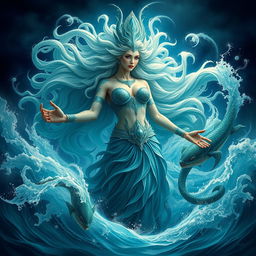 A majestic goddess of the ocean, exuding an aura of power and grace, effortlessly commanding the waves around her