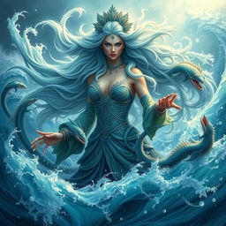 A majestic goddess of the ocean, exuding an aura of power and grace, effortlessly commanding the waves around her