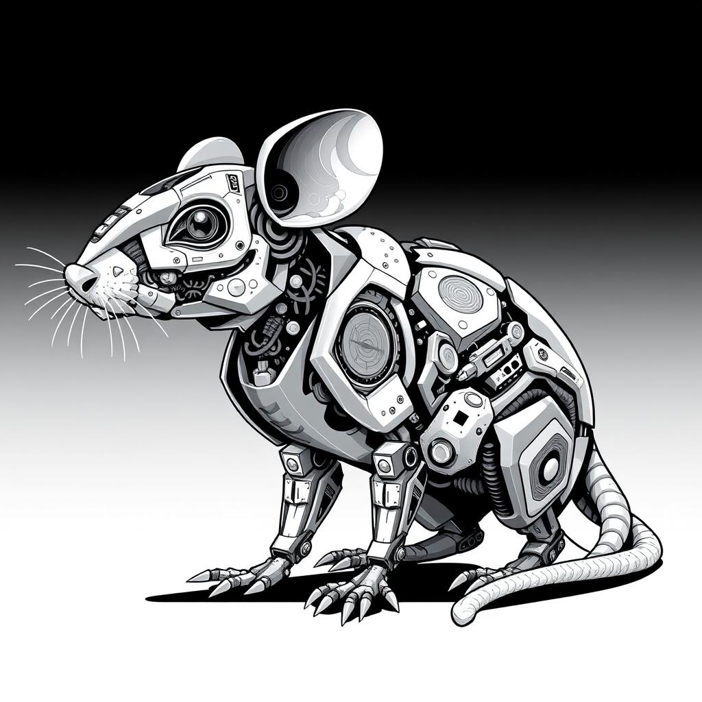A stylized 2D illustration of a robot rat in a freetekno art style, featuring intricate geometric patterns and abstract designs