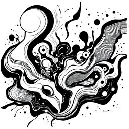 A striking illustration in black and white, showcasing the aesthetic of Freetekno art