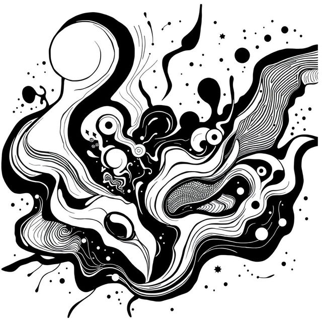 A striking illustration in black and white, showcasing the aesthetic of Freetekno art