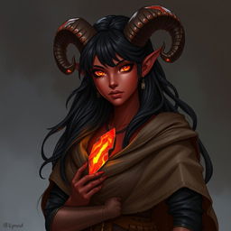 Elyra Flamecall, a striking tiefling with deep crimson skin and fiery orange eyes that glow softly in the dark, stands confidently