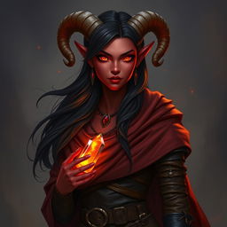 Elyra Flamecall, a striking tiefling with deep crimson skin and fiery orange eyes that glow softly in the dark, stands confidently