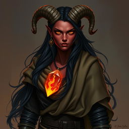 Elyra Flamecall, a striking tiefling with deep crimson skin and fiery orange eyes that glow softly in the dark, stands confidently
