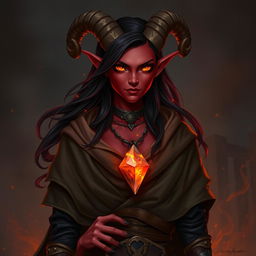 Elyra Flamecall, a striking tiefling with deep crimson skin and fiery orange eyes that glow softly in the dark, stands confidently