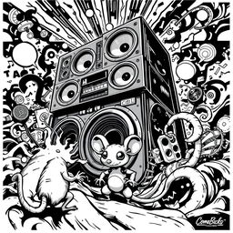 A vivid black and white 2D illustration capturing the essence of Freetekno art