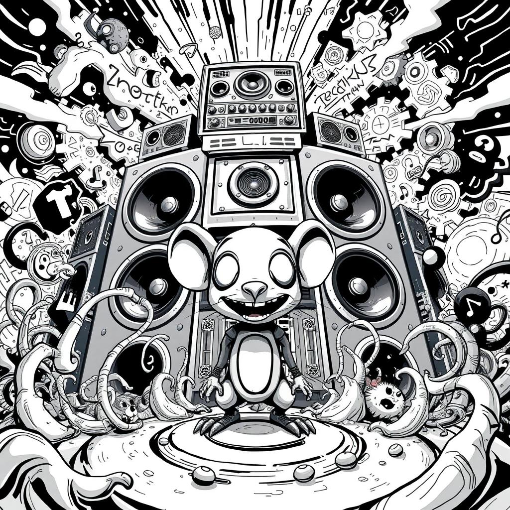 A vivid black and white 2D illustration capturing the essence of Freetekno art