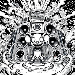 A vivid black and white 2D illustration capturing the essence of Freetekno art