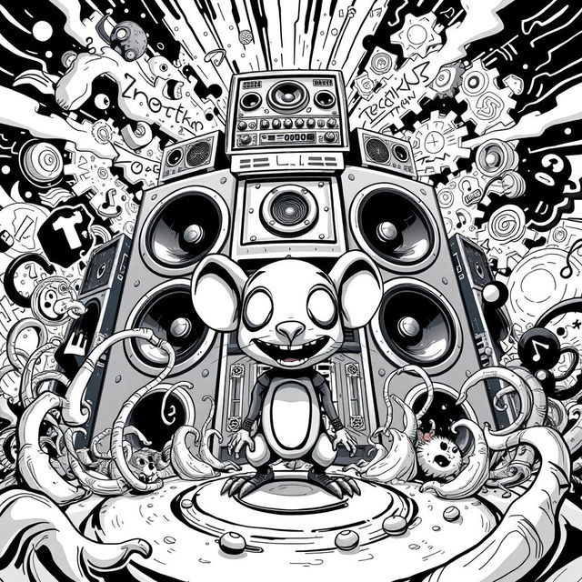 A vivid black and white 2D illustration capturing the essence of Freetekno art