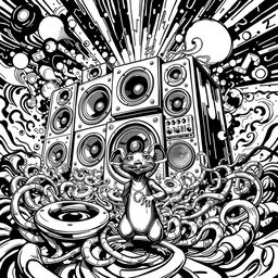 A vivid black and white 2D illustration capturing the essence of Freetekno art