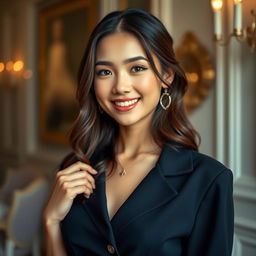An attractive, cute, glamorous, neat, and elegant young woman, dressed in stylish attire, exuding sophistication and charm