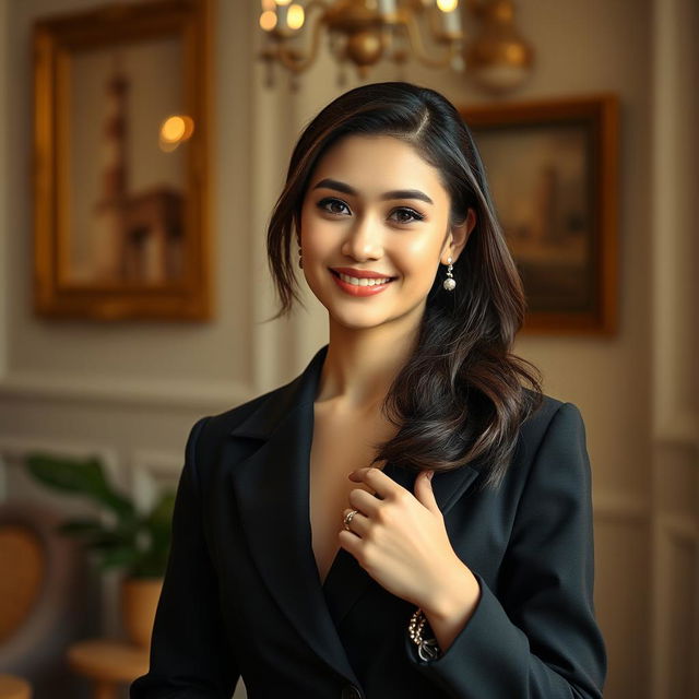 An attractive, cute, glamorous, neat, and elegant young woman, dressed in stylish attire, exuding sophistication and charm