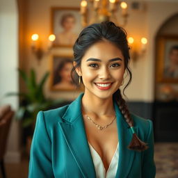 An attractive, cute, glamorous, neat, and elegant young woman, dressed in stylish attire, exuding sophistication and charm