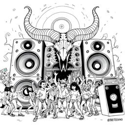 An engaging black and white 2D illustration depicting the vibrant Freetekno art scene