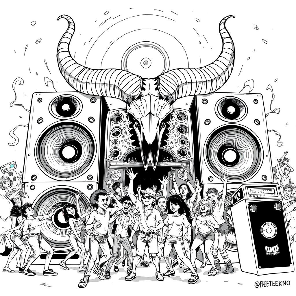 An engaging black and white 2D illustration depicting the vibrant Freetekno art scene