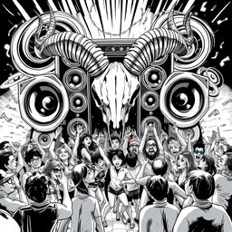 An engaging black and white 2D illustration depicting the vibrant Freetekno art scene