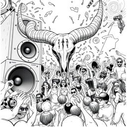 An engaging black and white 2D illustration depicting the vibrant Freetekno art scene