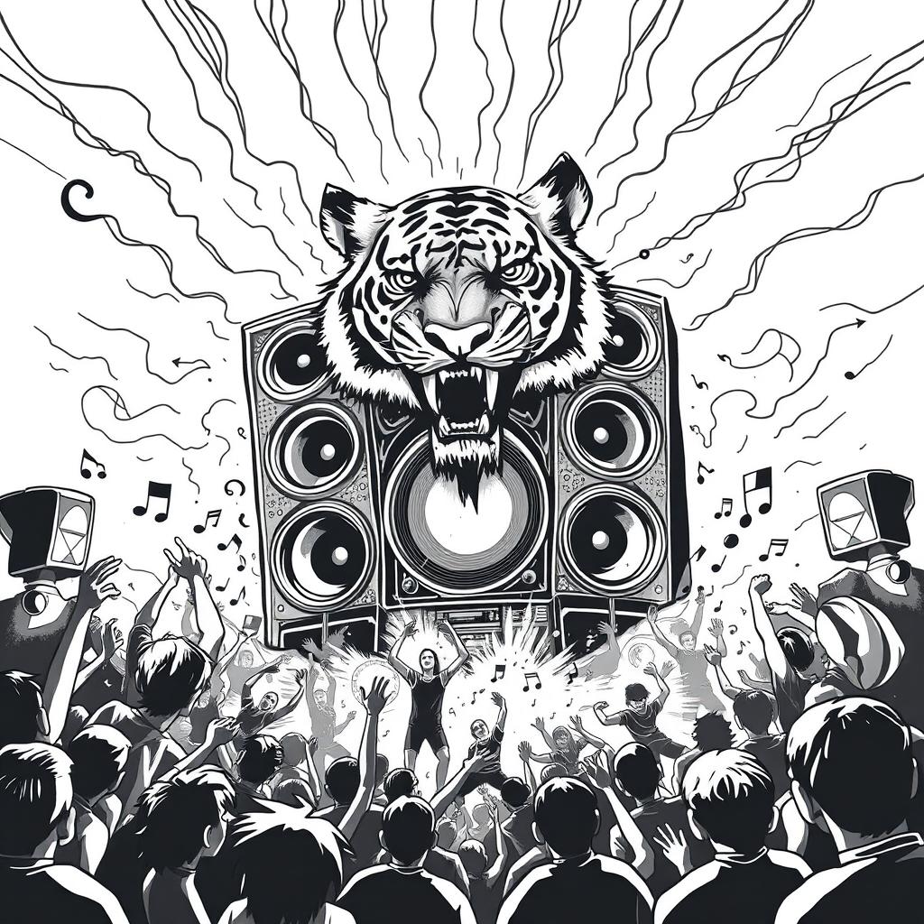 A captivating black and white 2D illustration that encapsulates the vibrant Freetekno art scene