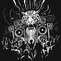 A captivating black and white 2D illustration that encapsulates the vibrant Freetekno art scene