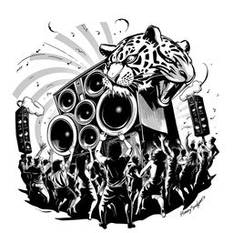 A captivating black and white 2D illustration that encapsulates the vibrant Freetekno art scene