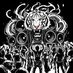 A captivating black and white 2D illustration that encapsulates the vibrant Freetekno art scene