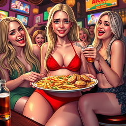 A stunning 18-year-old girl with a sexy, sweet, thin face and beautiful long blonde hair, sitting in a lively bar