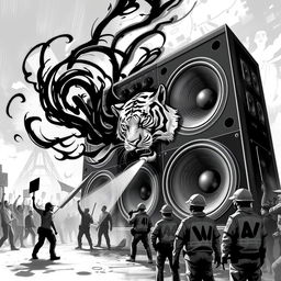 A striking black and white 2D artwork capturing the essence of freetekno culture