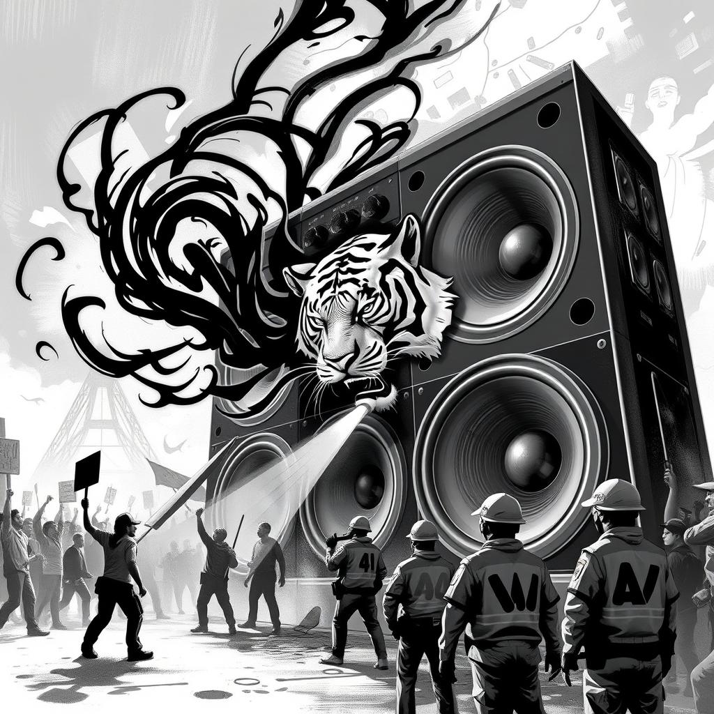 A striking black and white 2D artwork capturing the essence of freetekno culture