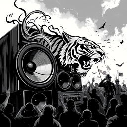 A striking black and white 2D artwork capturing the essence of freetekno culture