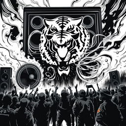 A striking black and white 2D artwork capturing the essence of freetekno culture