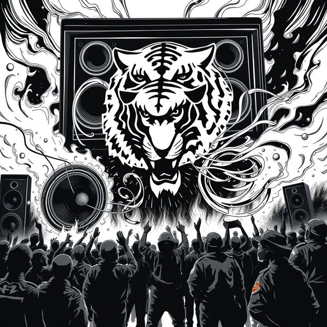 A striking black and white 2D artwork capturing the essence of freetekno culture