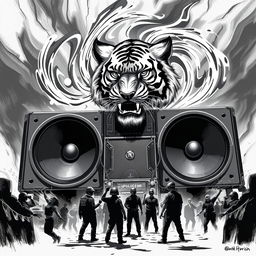 A striking black and white 2D artwork capturing the essence of freetekno culture