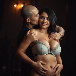 A 39-year-old Indonesian man with pure white skin is depicted hugging a beautiful 28-year-old woman from behind in an affectionate but slightly intimidating manner, kissing her cheek gently