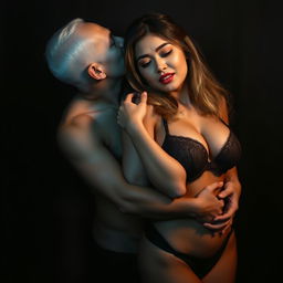 A 39-year-old Indonesian man with pure white skin is depicted hugging a beautiful 28-year-old woman from behind in an affectionate but slightly intimidating manner, kissing her cheek gently