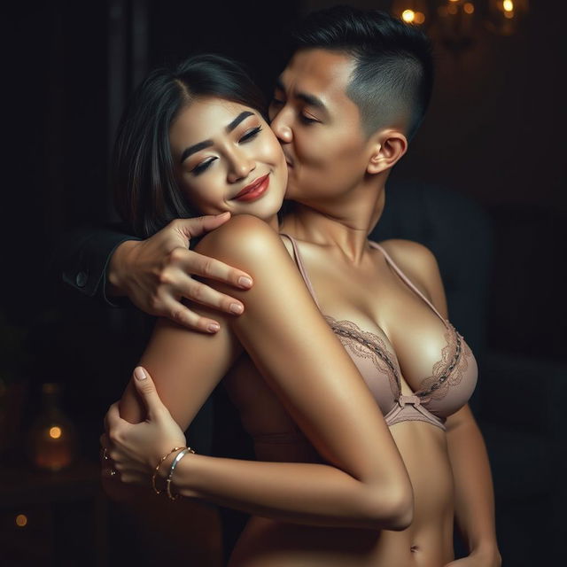 A 39-year-old Indonesian man with pure white skin is depicted hugging a beautiful 28-year-old woman from behind in an affectionate but slightly intimidating manner, kissing her cheek gently