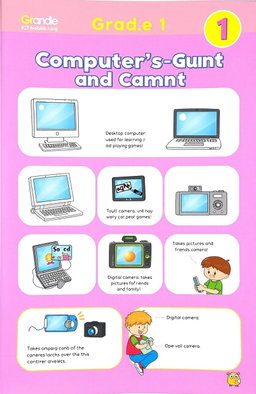 A colorful and engaging Grade 1 ICT workbook page focusing on computers and cameras