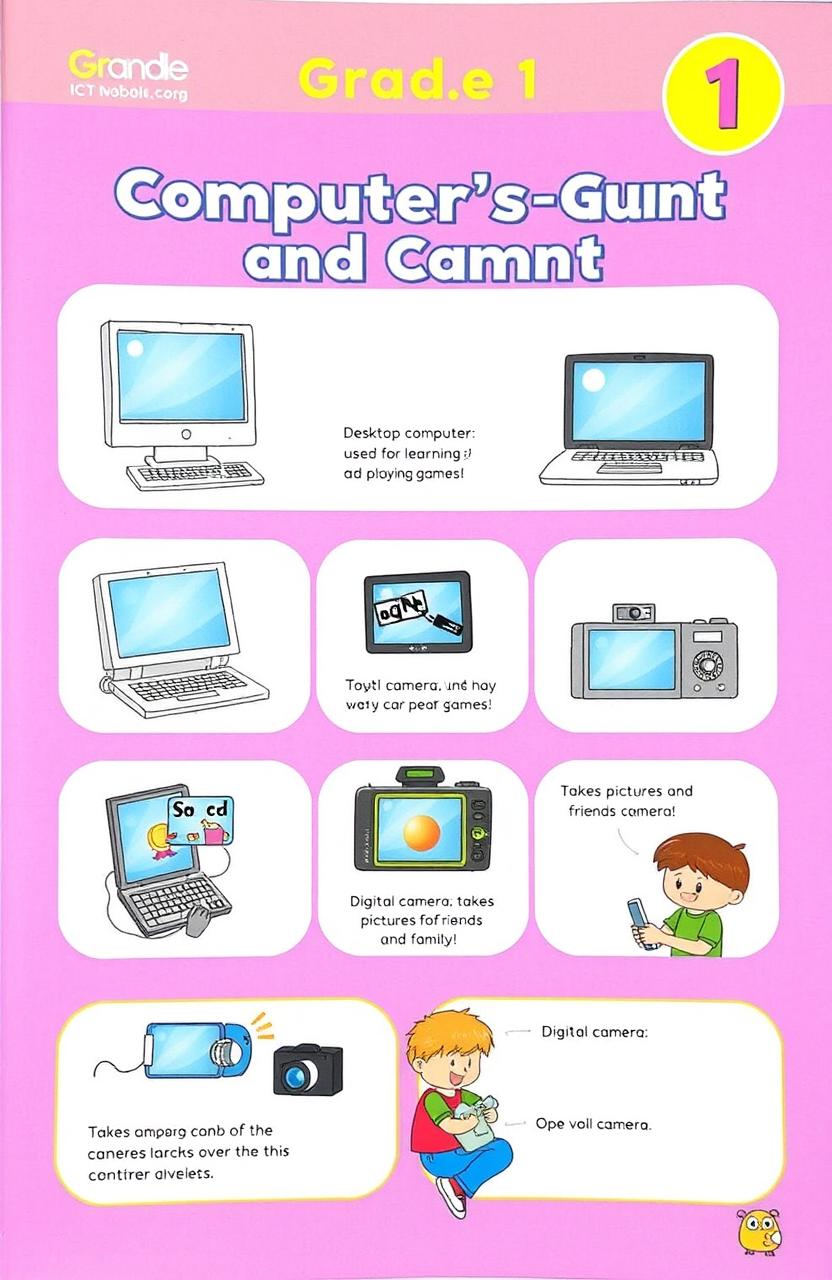 A colorful and engaging Grade 1 ICT workbook page focusing on computers and cameras