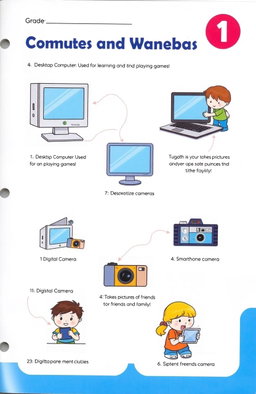 A colorful and engaging Grade 1 ICT workbook page focusing on computers and cameras