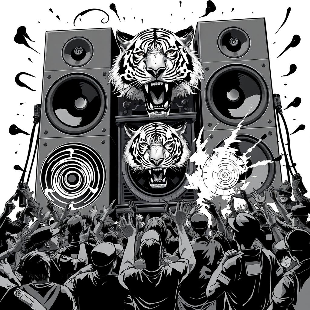 A bold black and white 2D artwork that embodies the vibrant and rebellious atmosphere of freetekno culture