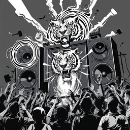 A bold black and white 2D artwork that embodies the vibrant and rebellious atmosphere of freetekno culture