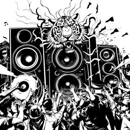 A bold black and white 2D artwork that embodies the vibrant and rebellious atmosphere of freetekno culture