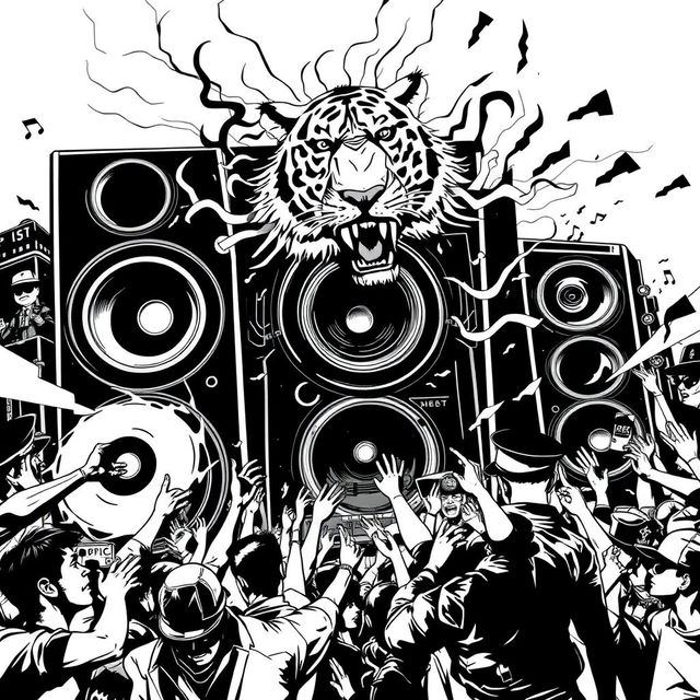 A bold black and white 2D artwork that embodies the vibrant and rebellious atmosphere of freetekno culture