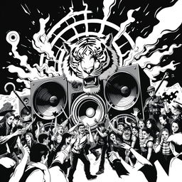 A bold black and white 2D artwork that embodies the vibrant and rebellious atmosphere of freetekno culture