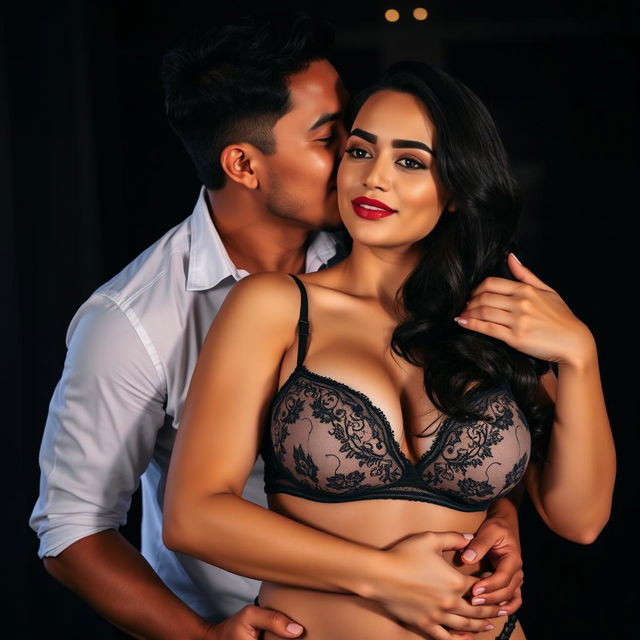 A 39-year-old Indonesian man with pure white skin is depicted hugging a beautiful 28-year-old woman from behind in an affectionate yet imposing manner, kissing her cheek gently