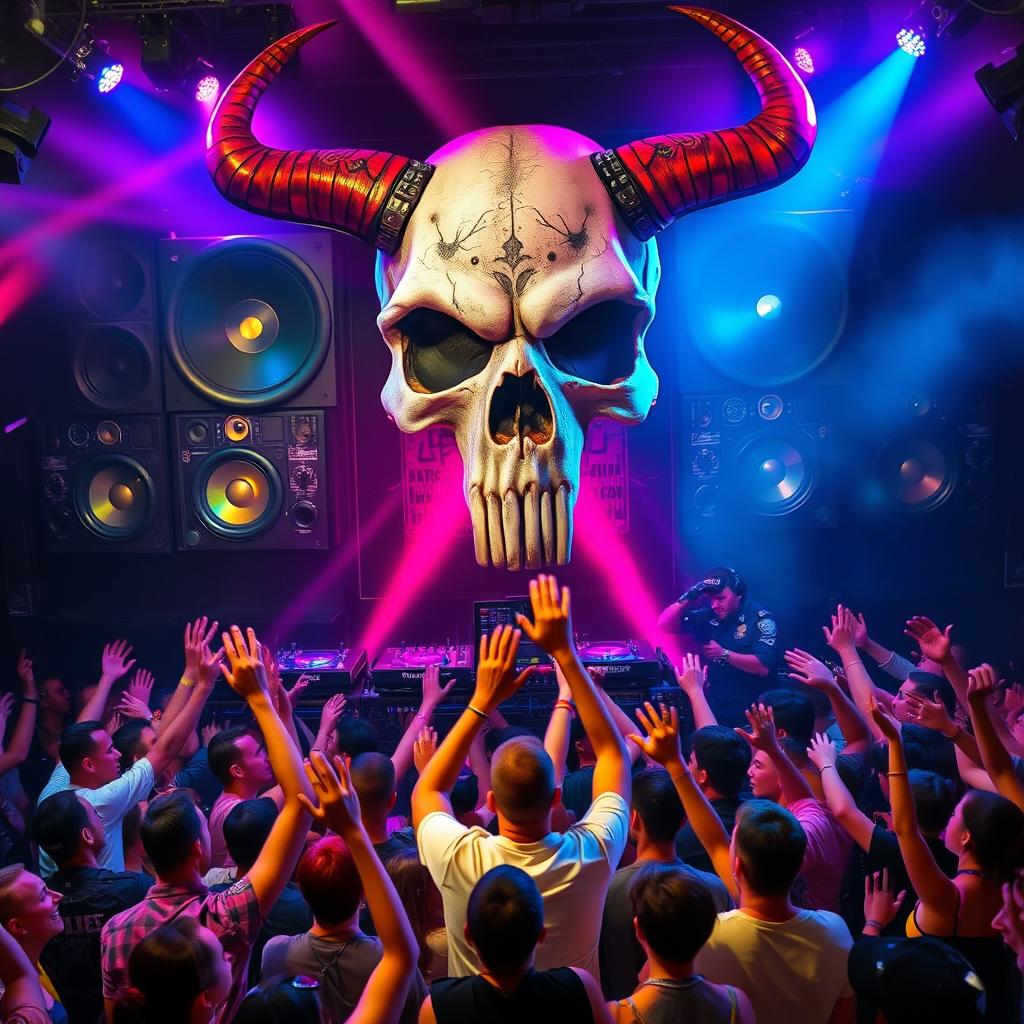 A vibrant and energetic rave scene featuring a large soundsystem with enormous speakers and a strikingly detailed big skull adorned with menacing horns
